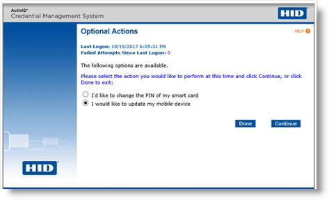User portal Optional Actions screen displaying a list of available actions, as well as two buttons at the bottom of the screen: Done and Continue